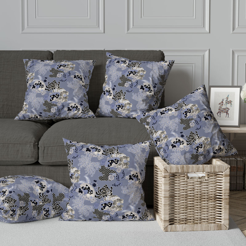 Coussin décoratif réversible damier intérieur / extérieur, Bleu et noir, H 16 po x l 16 po