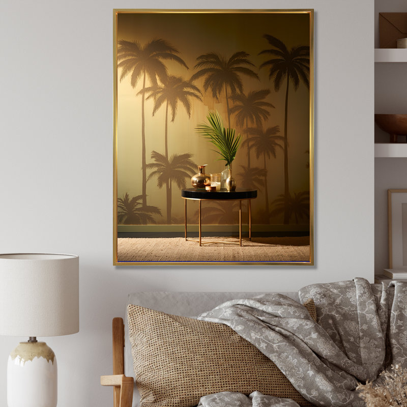 «Golden Grove Palm Tree Shadows» sur toile, H 44 po x l 34 po x P 1,5 po, Cadre flottant doré