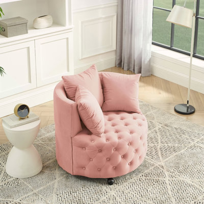 Velvet Upholstered Swivel Chair With Button Tufted Design And Movable Wheels, Including 3 Pillows, Pink