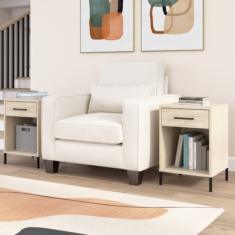 Sihi End Table Set Of 2, Matching Side Tables With Drawers, Functional Storage, Natural Elm Finish, Living Room, Bedroom