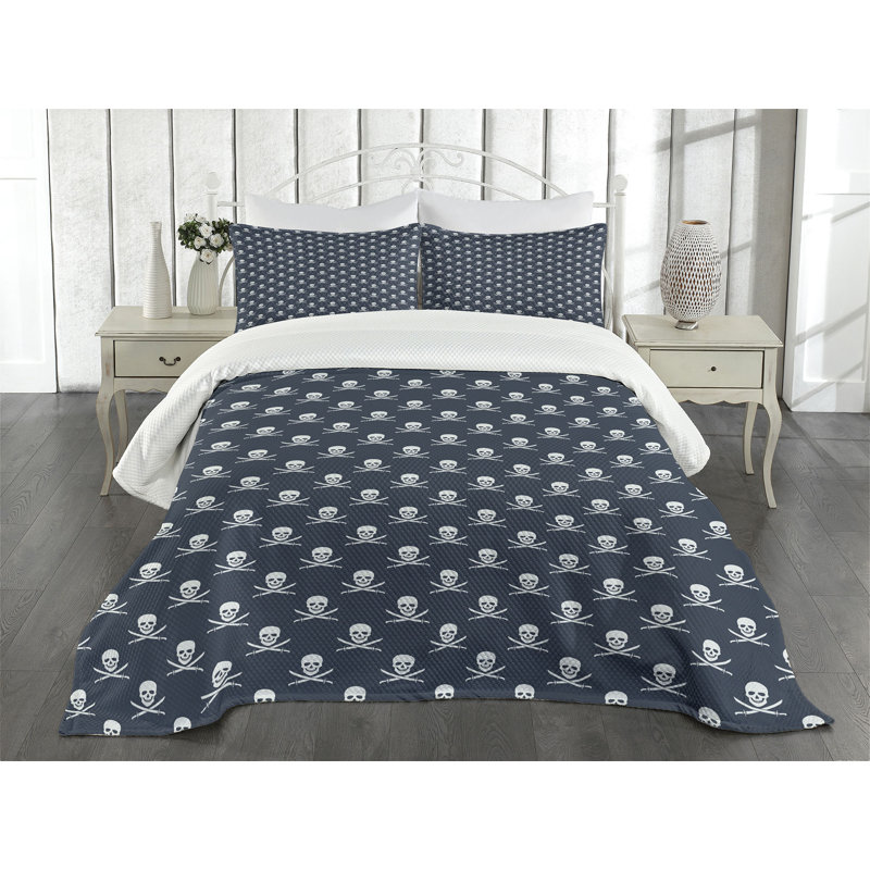 Ambesonne Pirates Bedspread Set Jolly Roger Pattern Dark Blue White, King Bedspread + 2 Standard Shams