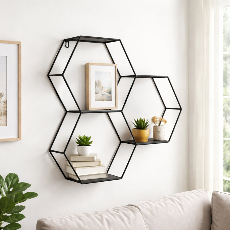Sculpture murale décorative hexagonale décorative pour la maison - Art mural moderne suspendu en métal pour la décoration de bureau ou de salon - 26 po, noir