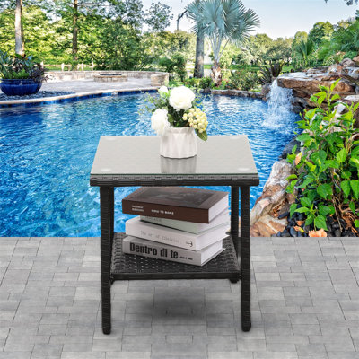 Lavara Outdoor Wicker Side Table Patio Coffee Table Glass Top 2-layer End Square Table