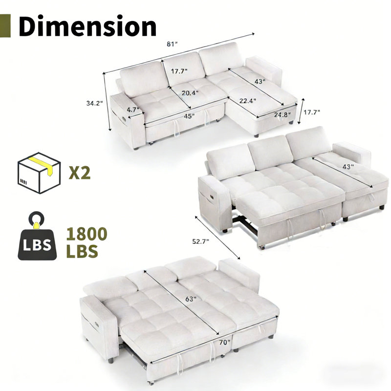Canapé-lit modulaire multifonctionnel avec charge USB / Type-C, inclinaison à 5 positions, assemblage sans outil, tissu en chenille avec housses lavables - canapé en forme de L