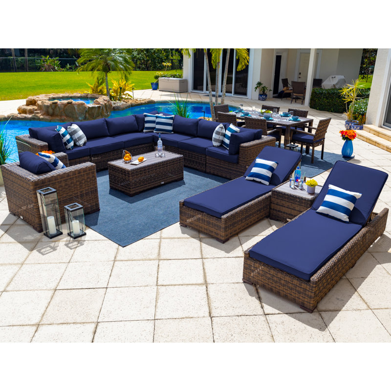 Yussuf Wicker 15 - Person Modular Patio Conversation Set with Cushions, Sunbrella Canvas Navy, Gray