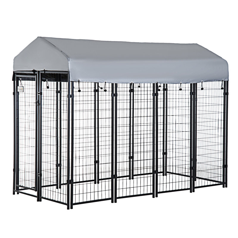 Grand chenil pour chiens recouvert pour l'extérieur, H 72 po x l 48 po x P 96 po, Gris / noir