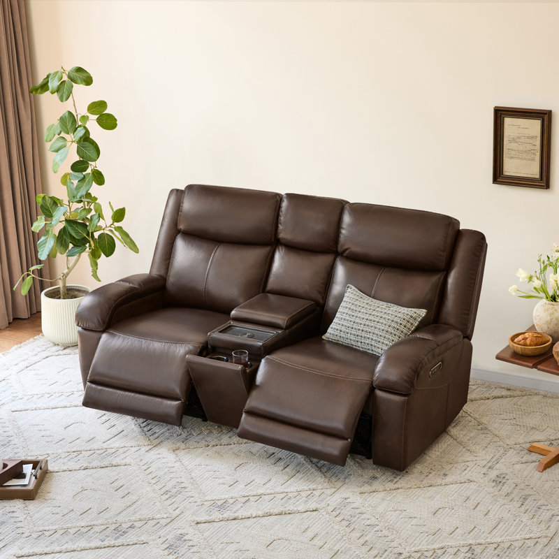Zachery Genuine Leather Power Reclining Sofa with Multifunctional Console, Dark Brown, 2