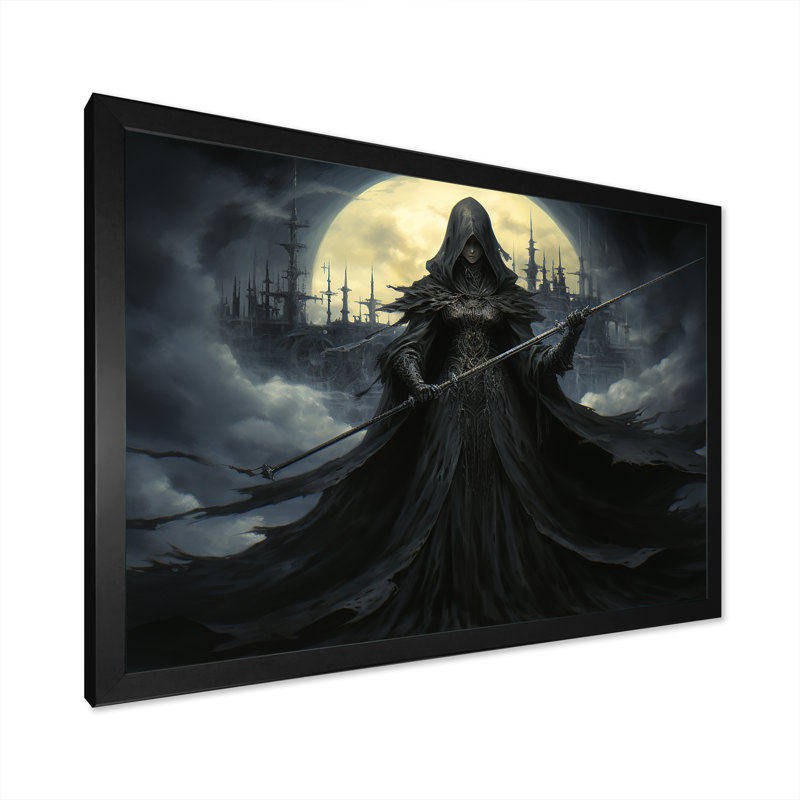 «Enchanting Charcoal Witches I», art mural sorcières, Cadre d'angle fermé noir, H 16 po x l 32 po x P 1 po