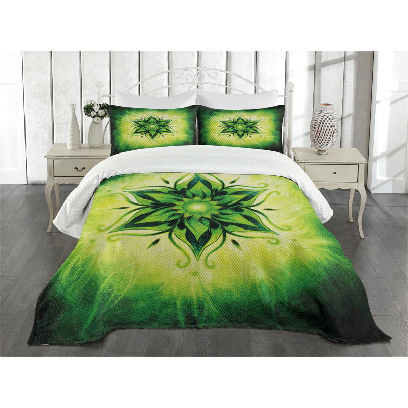 Ambesonne Leaf Bedspread Set Esoteric Mandala Art Emerald Lime Green, Queen Bedspread + 2 Standard Shams