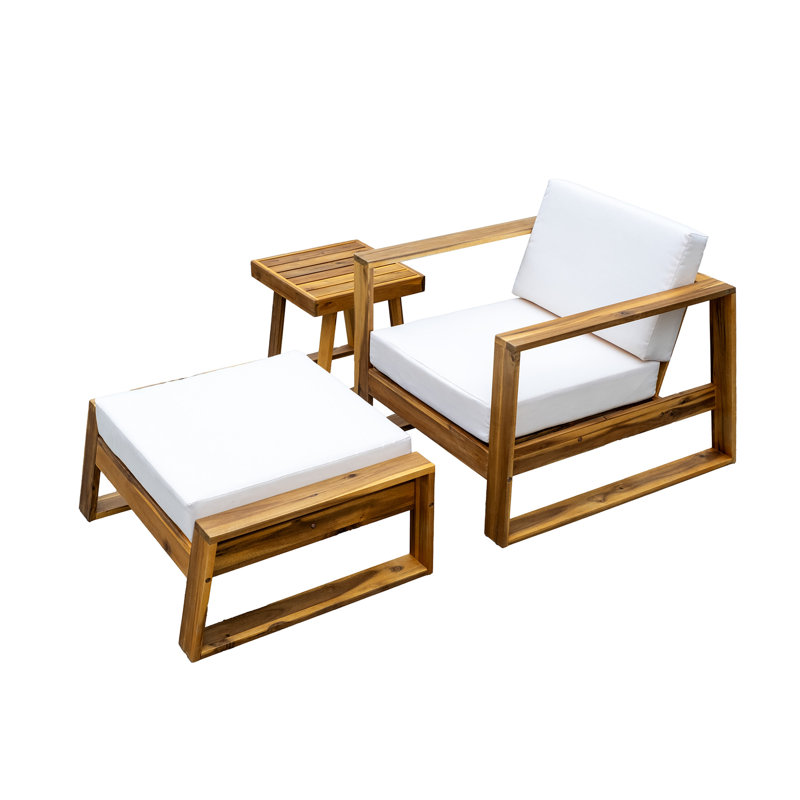 Wood Outdoor Seating Solution Collection - Chair, & Compact Side Table - Cushion Fabrics For Sun Relaxation Waterproof Cushions Balcony Use
