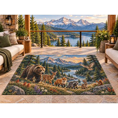 5' x 7' Outdoor Area Rug Woodland Animals Mountain River Heavyweight Solid Waterproof PVC Coil Loop Carpet, Heavy Duty Patio Rug, Quick Dry Indoor Outdoor Mat for Porch Deck Balcony RV Camping