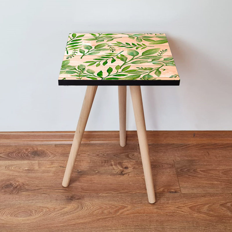 Modern Side Table with Beech Wood Legs, Green & Salmon Color, 13.8 x 16.5 x 13.8 inches | 100% MDF, Thickness: 0.7 inches | Perfect for Living Room, Bedroom, or Office | Stylish Novelty Flower Design