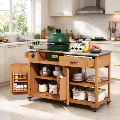 Îlot de cuisine à roulettes en bois de sapin massif avec support à épices en acier inoxydable de 55,4 po x l 22,8 po x H 36,9 po avec roulettes réglables et roulettes réglables pour terrasse patio