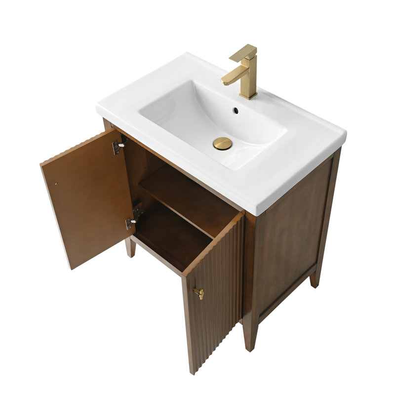 Meuble-lavabo sur pied à simple cuve 30 po avec plateau en céramique blanche, Noyer linéaire, Doré brossé, 30"