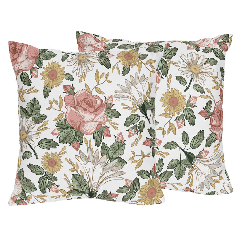 Vintage Floral Pink Green Yellow Microfiber Square Throw Pillows Set