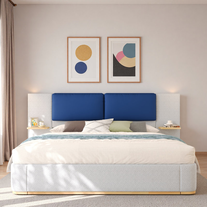 Lit plateforme tapissier avec tablettes, Gris te bleu, Grand lit