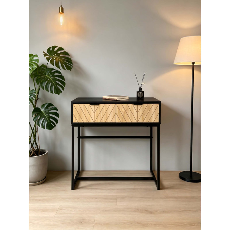 Console de vestibule moderne, tiroirs en bois à chevrons, structure en métal mat, rangement compact pour les petits espaces