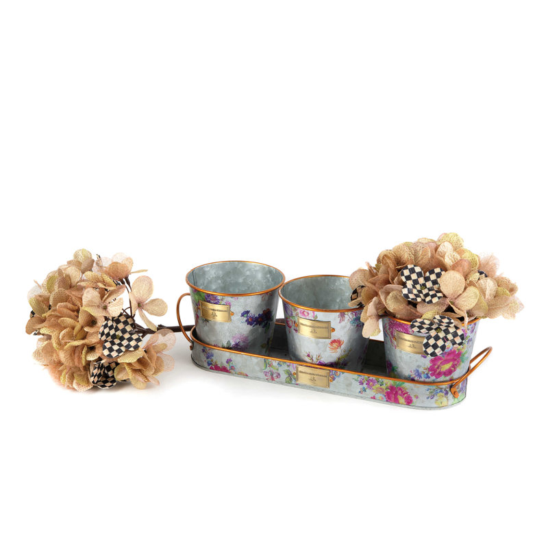Classic Round Galvanized Herb Pots with Tray Set of 3
