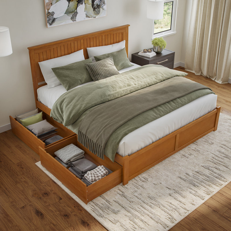 Nantucket Solid Wood Platform Bed with Panel Footboard and Storage Drawers, King, Light Toffee