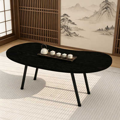 Foldable Coffee Table, Mid Century Modern Oval Center Table, Small Folding Table for Living Room, Bedroom, Small Spaces, Portable Floor Table with Irregular Design, Easy Assembly, Black