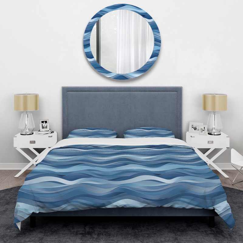 Ensemble de housse de couette Modern White Waves III - blanc et bleu, Housse de couette très grand et 2 très grandes t
