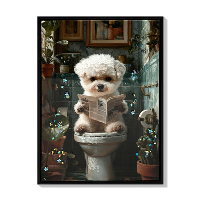 Décoration encadrée de salle de bain, art mural chiot mignon dans un cadre photo, signes amusants d'art mural de salle de bain, impression sur toile 3D prête à être accrochée (encadrée, 12 po x 16 po)