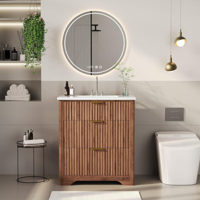 30" Fluted Bathroom Vanity with Sink, Farmhouse Freestanding Vanity Cabinet with 2 Drawers & Flip Drawer, Easy Clean, White