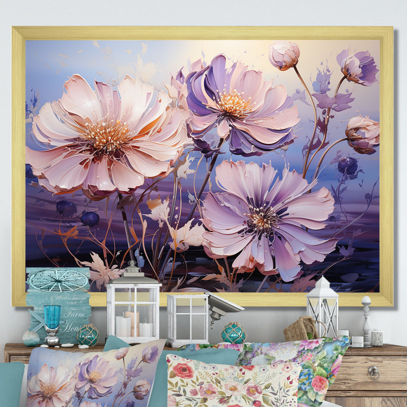 Harmonious Violet Flowers Field - Flower, reproduction d'art sur toile, Cadre doré simple, H 34 po x l 44 po x P 1,5 po