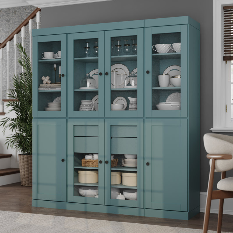 Vaisselier 100% bois massif 65 po avec verre transparent, portes Shaker, 2 tiroirs et tablettes réglables, Bleu aqua
