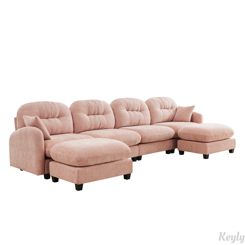 Causeuse 140 po à dossier capitonné en tissu chenille avec 2 repose-pieds, mousse haute densité facile à installer, Rose