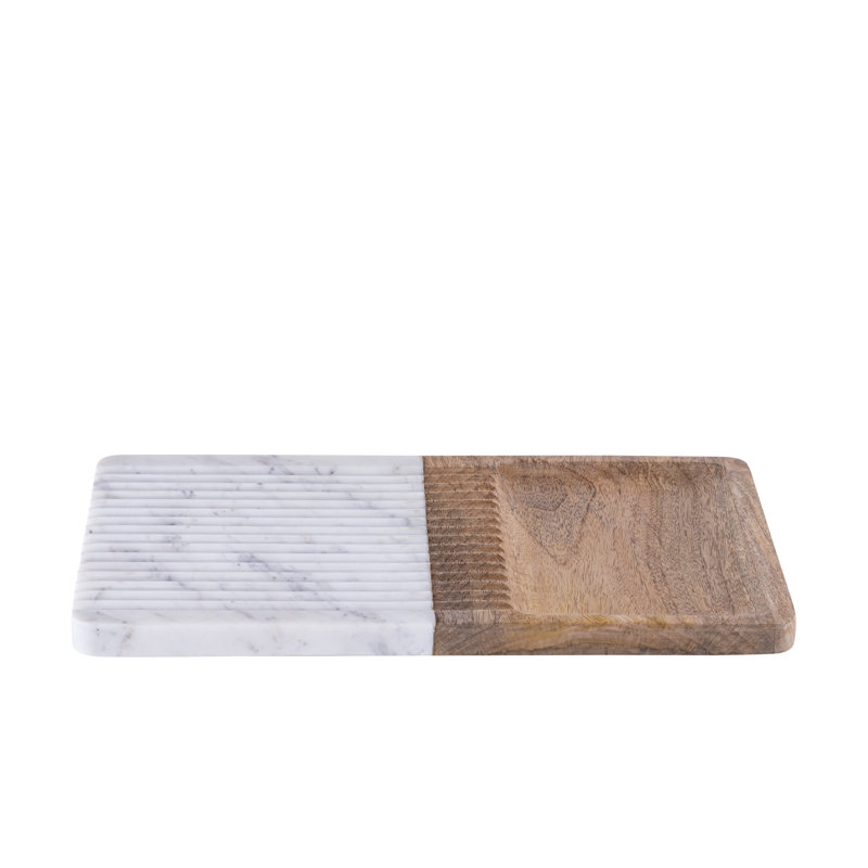 Plateau rainuré en bois et marbre blanc