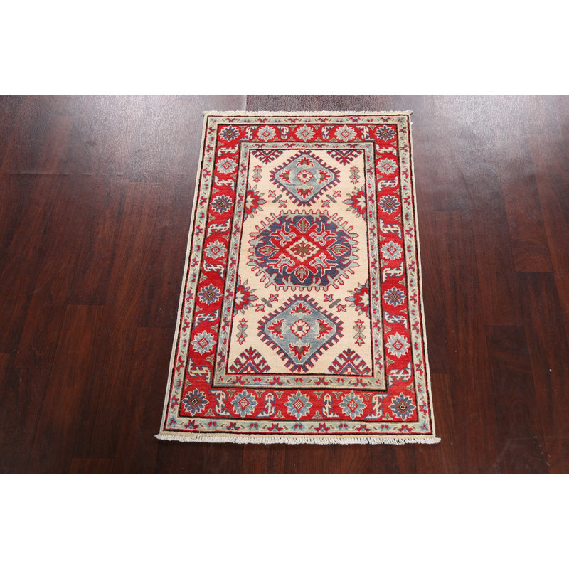 Tapis rouge / ivoire en laine noué à la main de conception unique 2 pi 7 po x 4 pi 1 po New Age