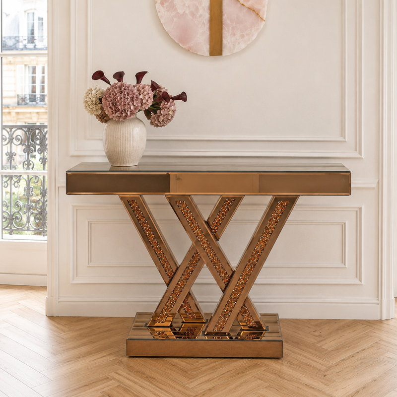 Console de hall d'entrée moderne avec incrustation de diamant concassé et verre miroir brun, parfaite pour un décor glamour et de petits espaces