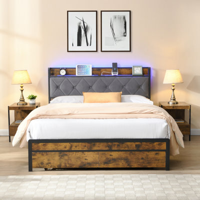Full Bed Frame With Storage, LED Lights Upholstered Headboard And 2 Drawers, USB & Charging Station, No Box Spring Needed, Easy Assembly