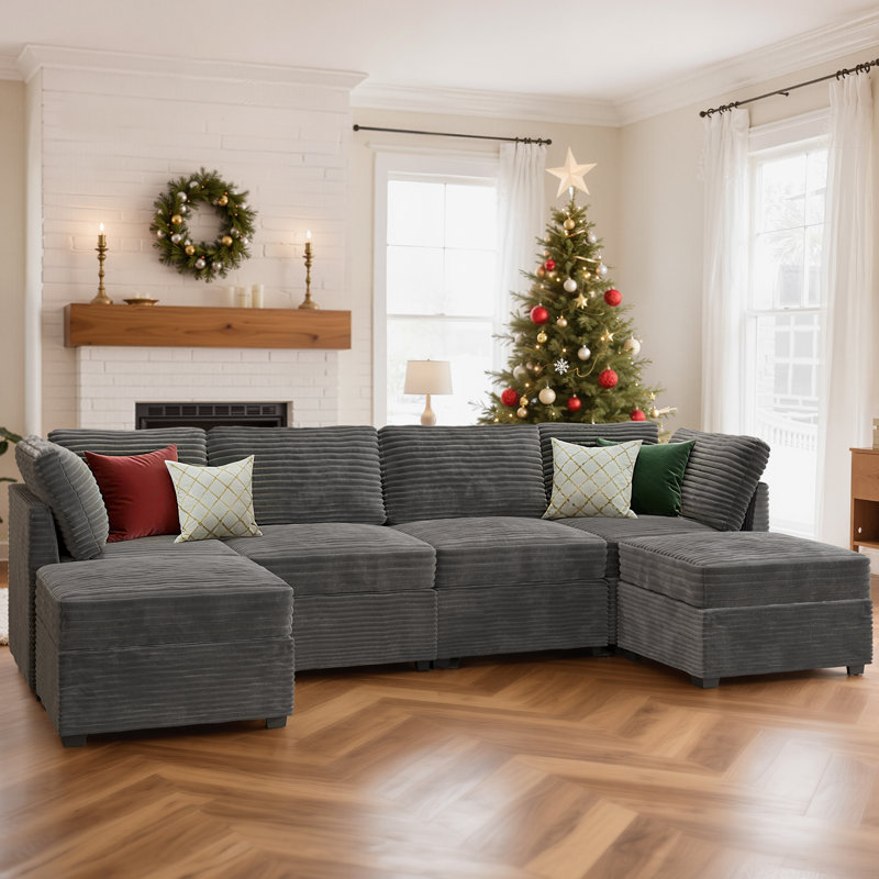 Benevides Corduroy Section Sofa Combination, 4 Seats, With Ottoman, Can Be Combined At Will, Gray Corduroy