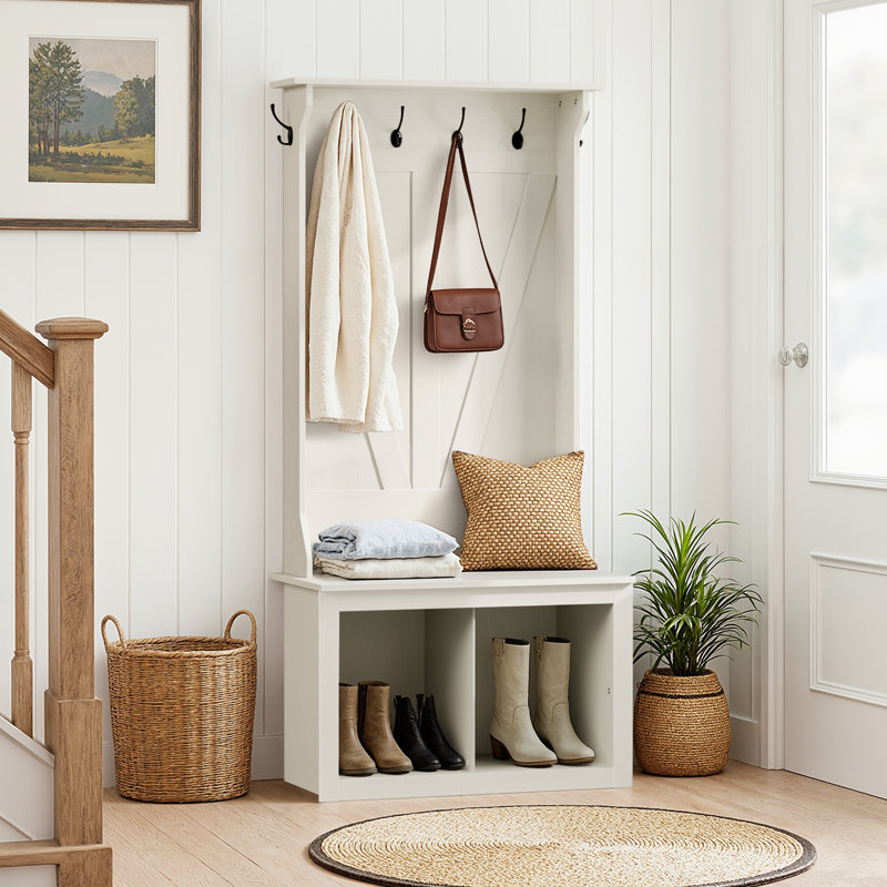 3-in-1 Coat Rack with Shoe Storage Bench, Hall Tree with 6 Hooks and 2-Tier Storage Shelf