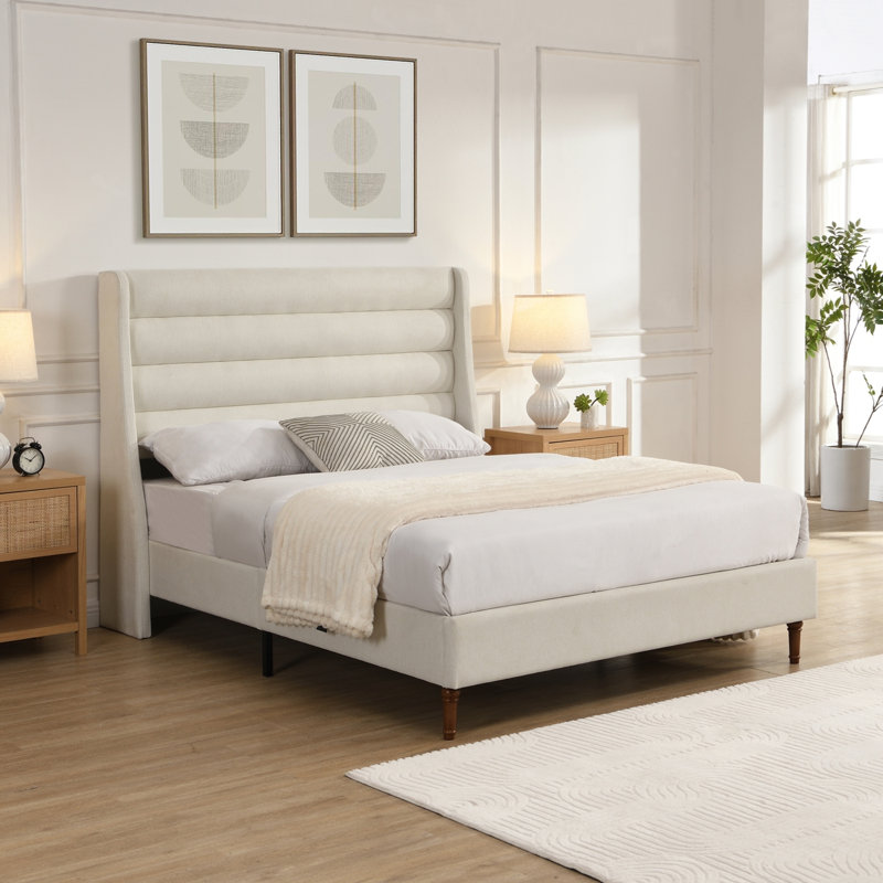 Grand lit plateforme avec tête de lit tapissier et tête de lit grand format, tissu chenille de qualité supérieure, lit plateforme minimaliste moderne sans sommier, assemblage facile, ivoire