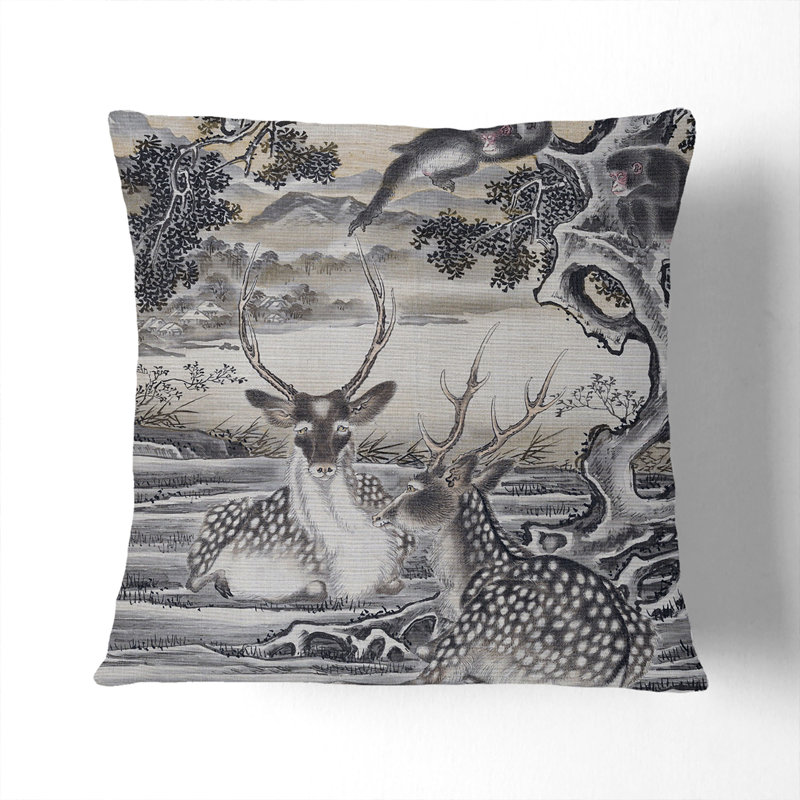 Deer Below The Monkeys Square Throw Cushion, White, 55cm H x 55cm W x 20cm D