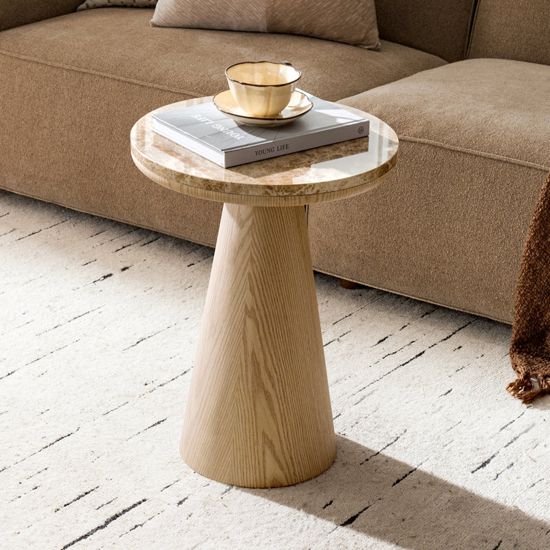  Table de bout ronde moderne de 20 po avec plateau en marbre véritable et placage de chêne Otterburn, Brown Top/Oak Base
