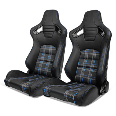 Paire de sièges Universal Racing avec double glissière, tissu écossais pu et bleu et cuir carbone inclinable à gauche, à carreaux noir et bleu