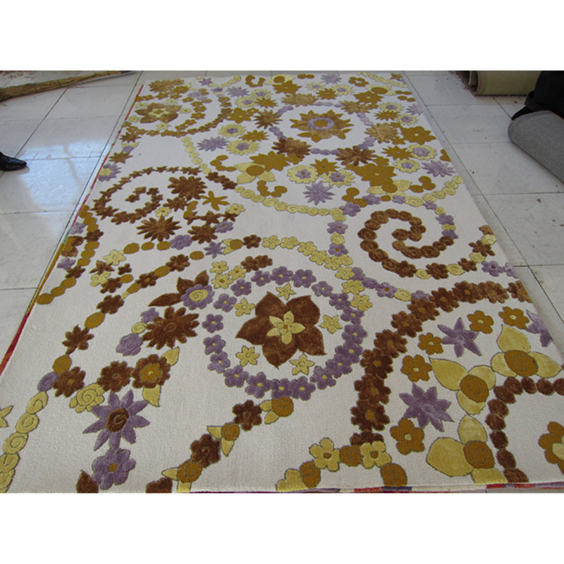 Tapis jaune en laine à motif floral Wilton, Rectangle 8 pi x 10 pi