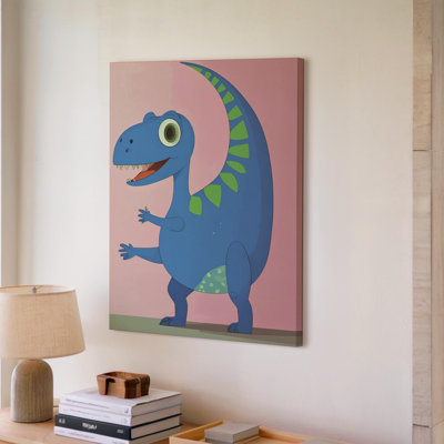 Playful Dinosaur Canvasbright Blue Cartoon Dinosaur Wall Art Canvas Ready To Hang Gallery Wrapped Home Decor Modern Design Premium Quality