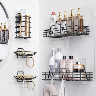Adhesive Shower Caddy Organizer Shelves Rack-5 Pack Corner Bathroom Storage Organization, Home & Kitchen Decor Inside RV Accessories, Hanging First Apartment Household Camper Essentials (Black)
