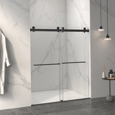 Porte de douche coulissante double sans cadre de 56 à 60 po x H 70 po, verre trempé clair de 5/16 po (8 mm) de large épaisseur, couche facile à nettoyer à double face, fini noir mat avec tampon