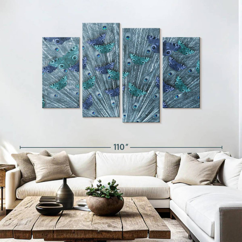 Papillons et plumes de paon, H 54 po x l 84 po
