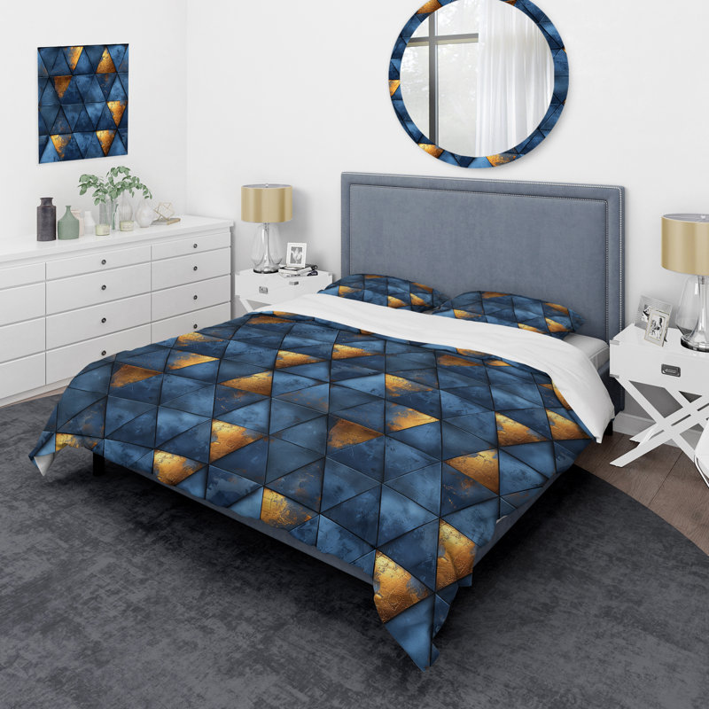 Ensemble de housse de couette moderne Blue Gold Modern Glam Triangles I, Housse de couette très grand et 2 très grandes t