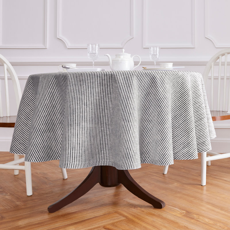 Narrow Stripe - 100% Pure Linen Tablecloth, Black/White, 60" Round