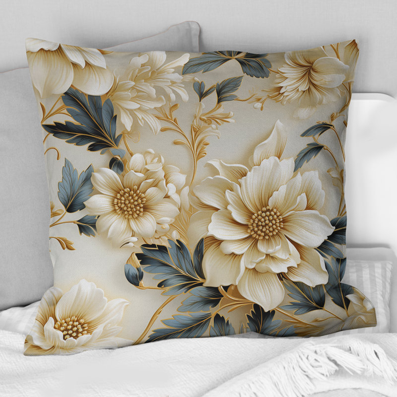 Coussin décoratif en polyester doré blanc et bleu Elegance II, 16" x 16"