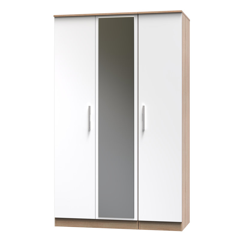 Fully Assembled Emrynn Contrast 2 Door Wardrobe, White Gloss Finish / Oak Wood Veneer