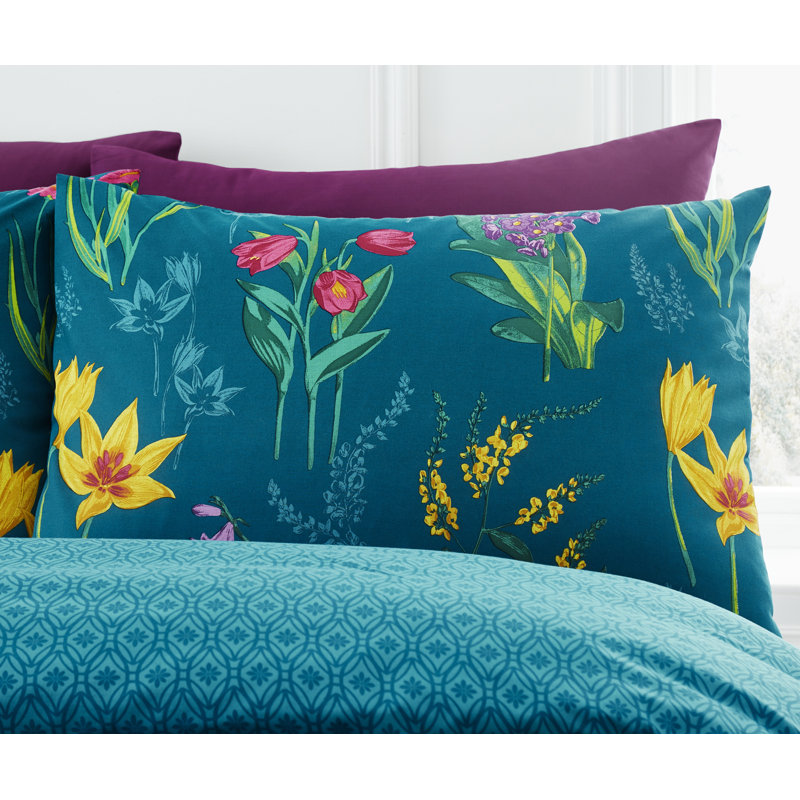 Ingrid Polyester Floral Duvet Cover Set with Pillowcases, Teal, Kingsize - 2 Standard Pillowcases